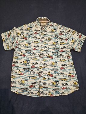 Free Planet Men’s Short-Sleeve Beach Print Shirt - White with Blue, Yellow & Red